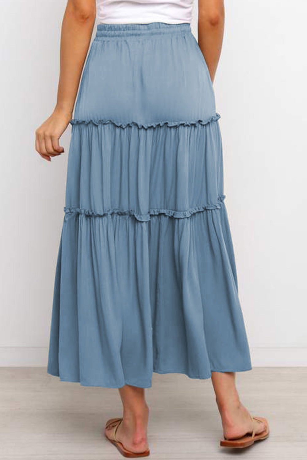 Tiered Drawstring Maxi Skirt Blue