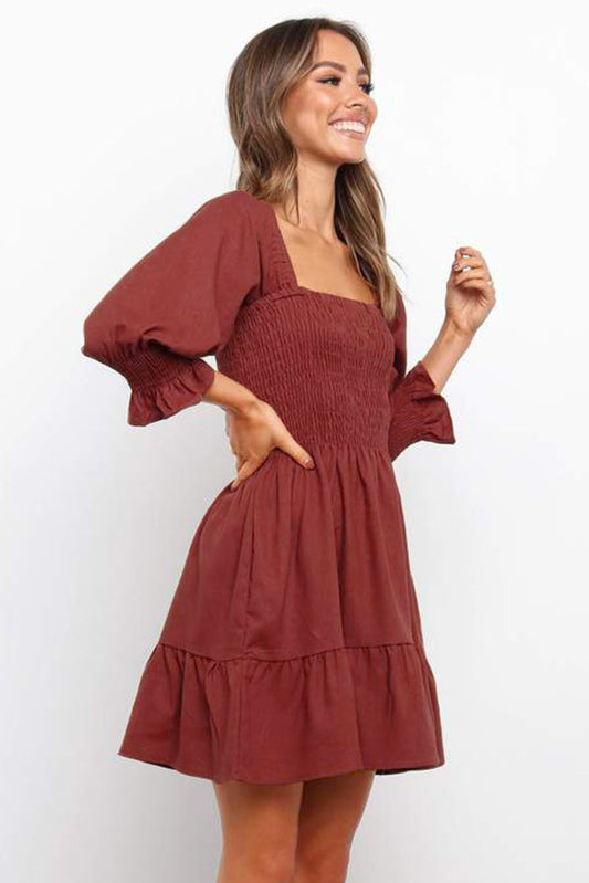 Square Neck Shirred Bodice Dress in Wine